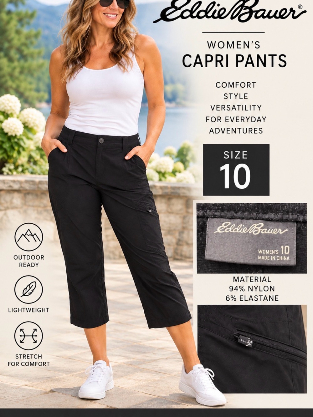 Eddie Bauer Women's Black Capri Pants Stretch Woven Nylon Elastane Pockets 10